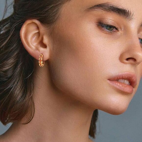 14K Yellow Gold Sterling Silver Orange Citrine Cubic Zirconia Huggie Earrings - Picture 5 of 8